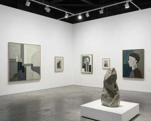 A refined, editorial-style scene inside Art Basel Miami Beach, showcasing a spacious, minimalist gallery booth with museum-quality contemporary artworks. Large-scale paintings and sculptural works displayed with generous spacing, clean white walls, and soft, diffused lighting. Well-dressed collectors, curators, and art professionals engaged in quiet conversation and contemplation. Subtle Miami architectural elements and natural light filtering in, hinting at the coastal setting without overpowering the art. Atmosphere feels confident, global, and intellectually driven. Neutral yet warm color palette, sharp focus, high realism. No text, no logos, no branding. Premium art magazine aesthetic, ultra-high resolution, cinematic composition, 16:9 aspect ratio.