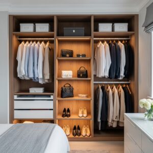 Built-In Style Open Closet With Wood Frames