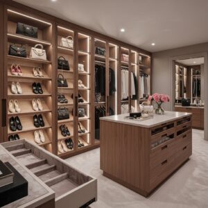 Luxury Closet with Warm Wood Cabinets and Soft Lighting
