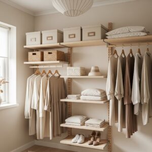 Scandinavian-Inspired Closet with Light Wood and Cream Tones 