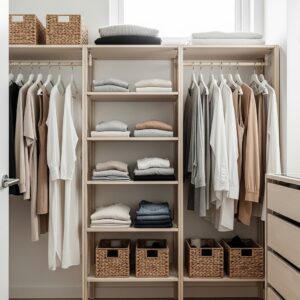 Minimalist IKEA Closet with Open Shelving and Hanging Rods