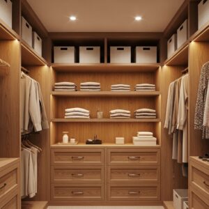 Built-In Closet with Wood Panels and Neutral Storage Baskets