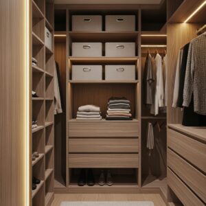 Built-In Closet with Wood Panels and Neutral Storage Baskets