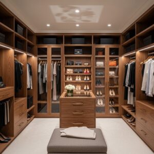 Walk-In Closet with Walnut Shelving and Neutral Walls
